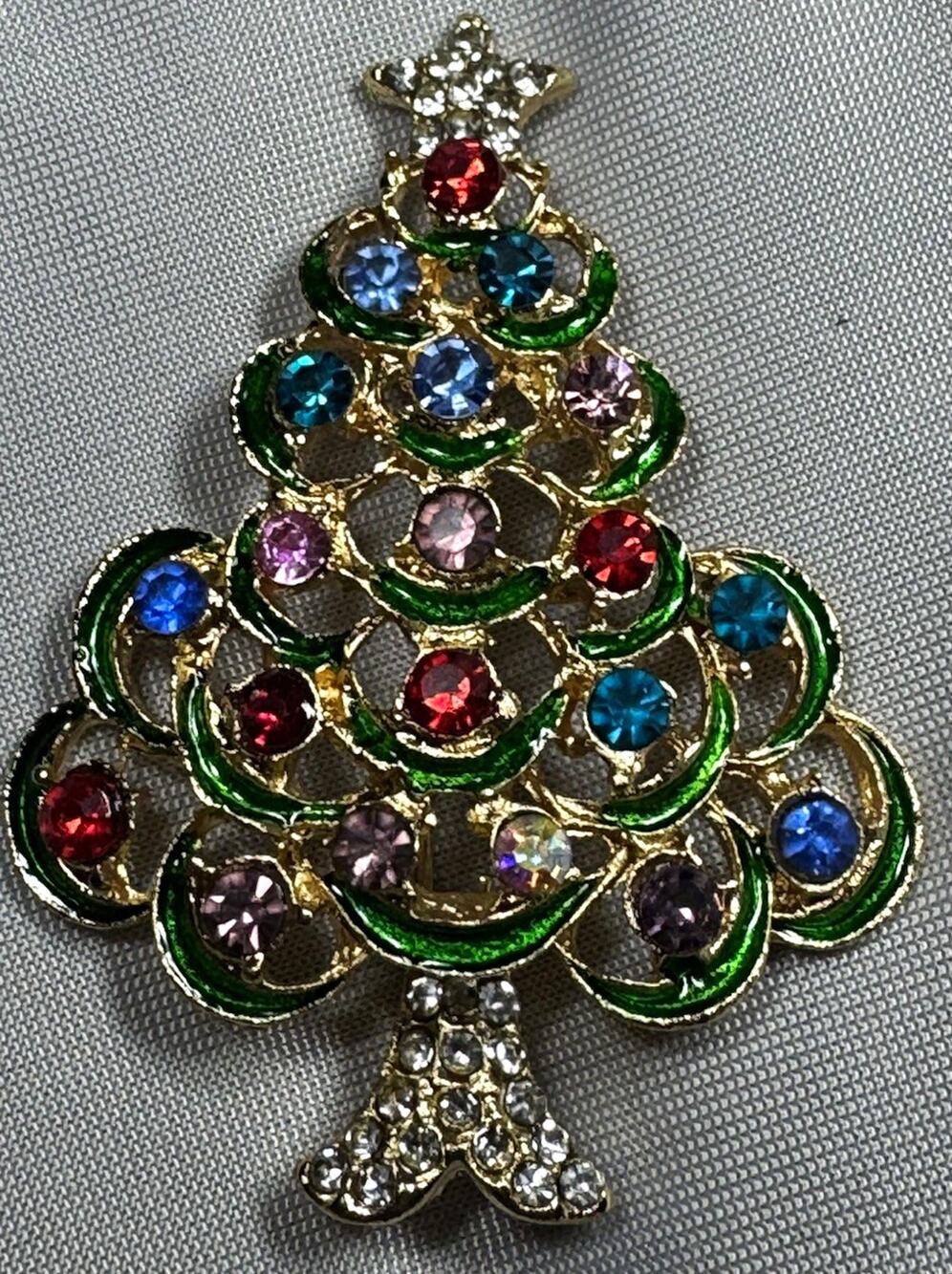 Christmas Tree Brooch Multicolor Rhinestone Green Enamel Gold Tone Holiday Pin